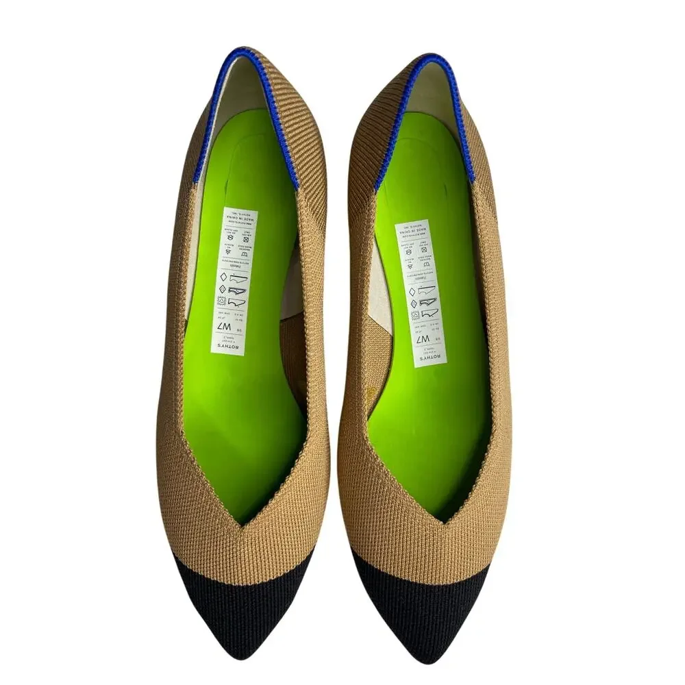 Rothys The High Point Wren Cap Toe Knit Shoes 7 Tan Black Pointed Toe Low Heel - Picture 2 of 13